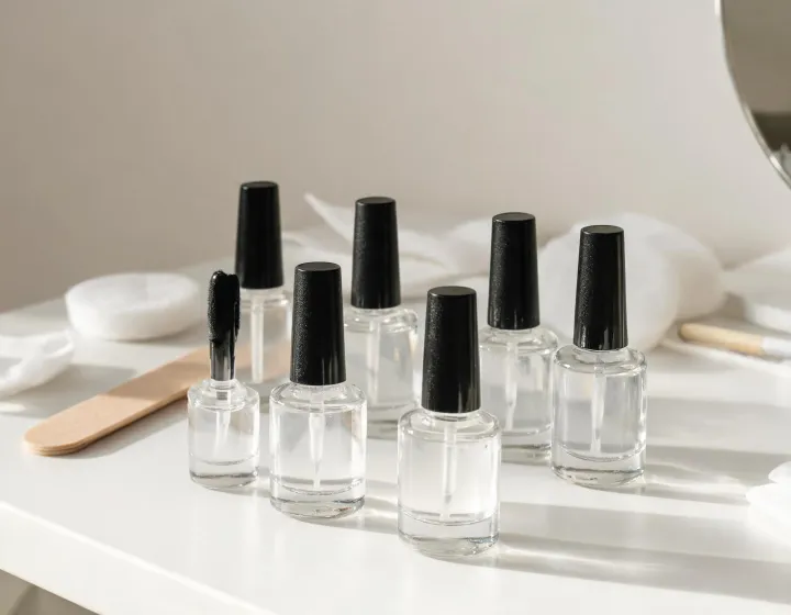gel top coat nail polish on a cosmetics bench, illustration only